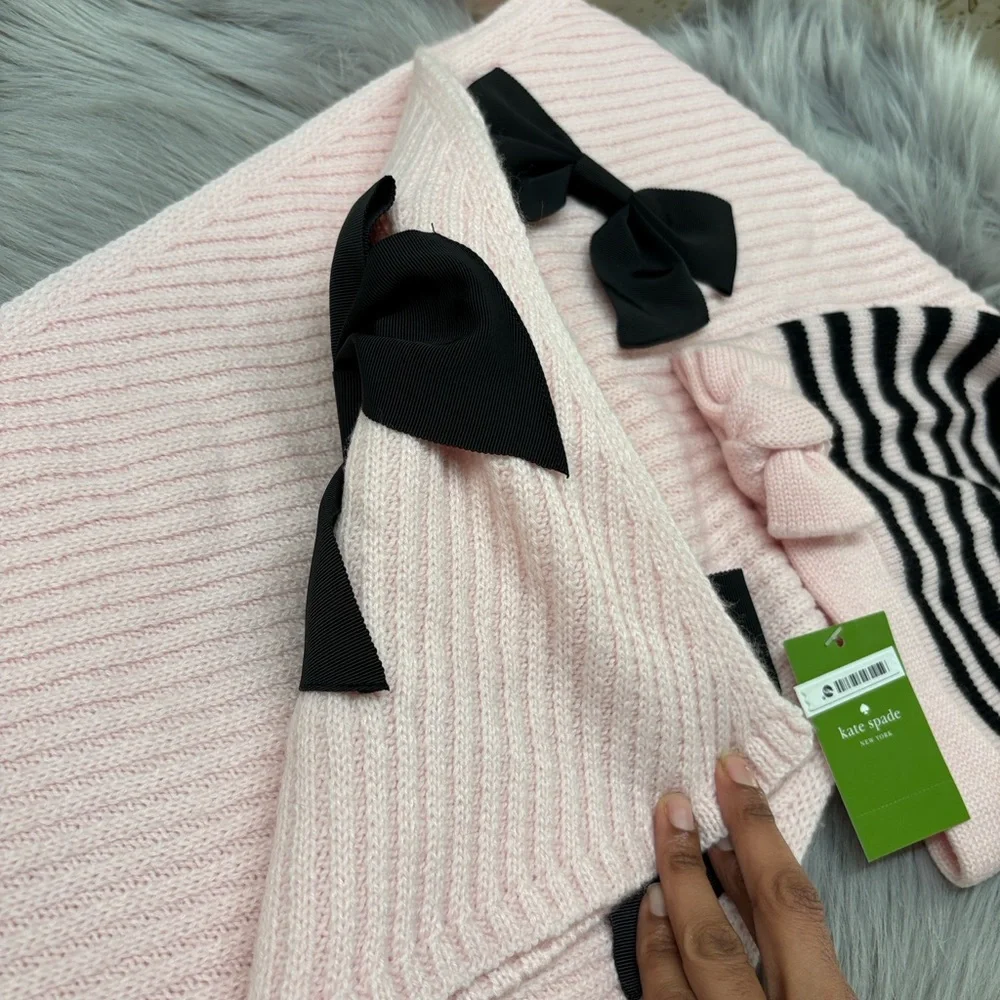 KATE SPADE - Pink and Black Bow Beanie & Scarf Set + Gift Bag